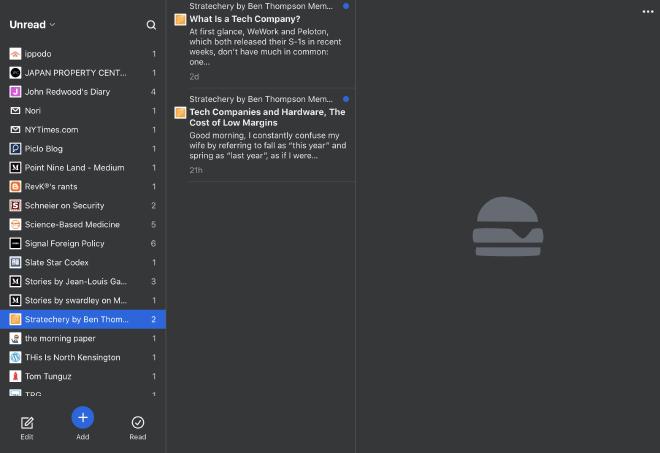Screenshot of some of my Feedbin website subscriptions