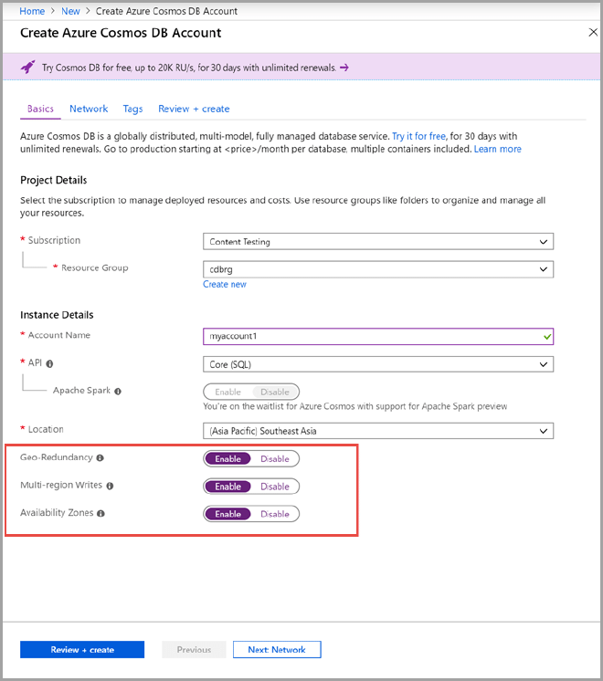 One click geo-redundancy, multi-region writes and availability zones?