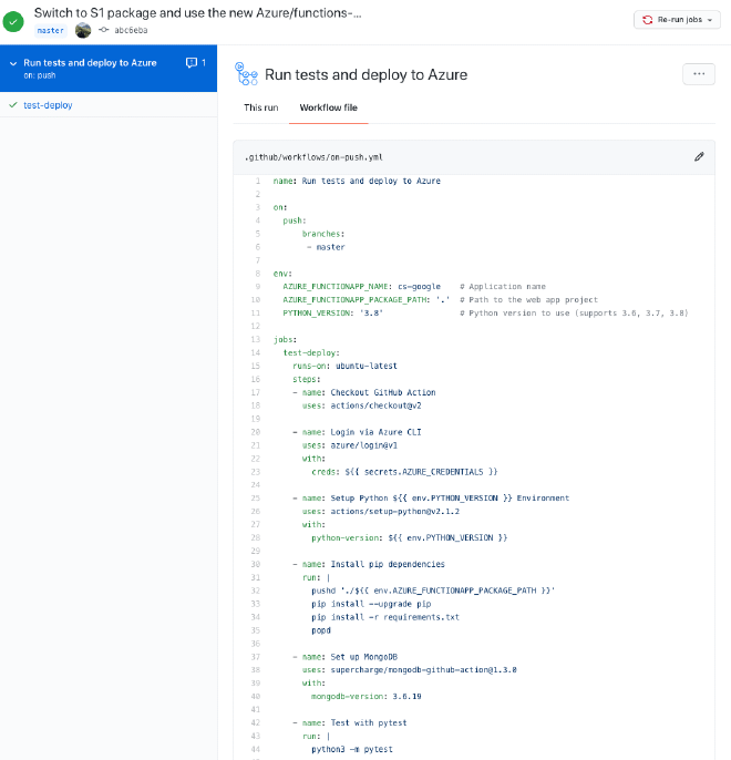 GitHub Actions running tests and deploying to Azure
