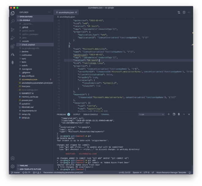Editing an Azure Resource Manager template in VS Code (Nord theme)