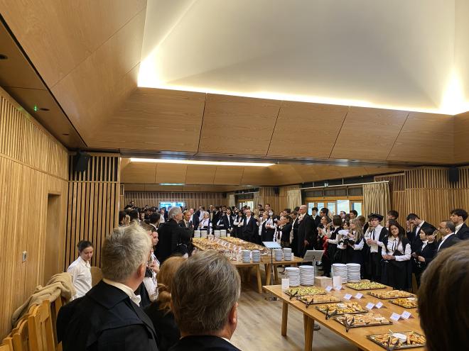 Photo of lunch inside the dining room at Kellogg College, Oxford
