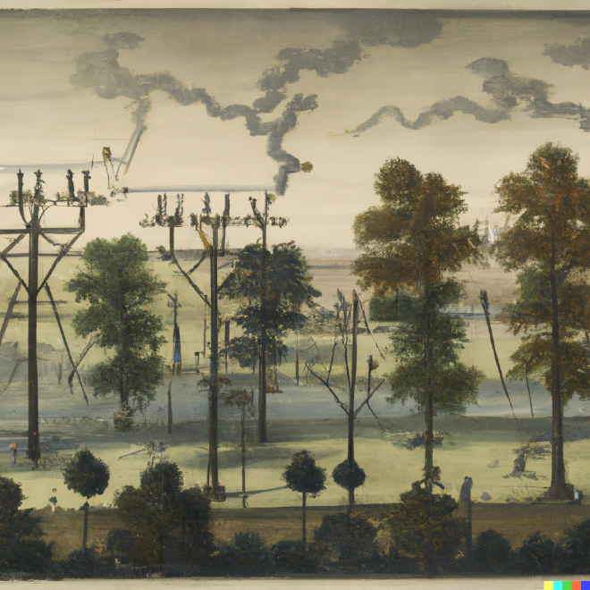 An 18th century painting of an electricity grid with gases coming out of the
trees
