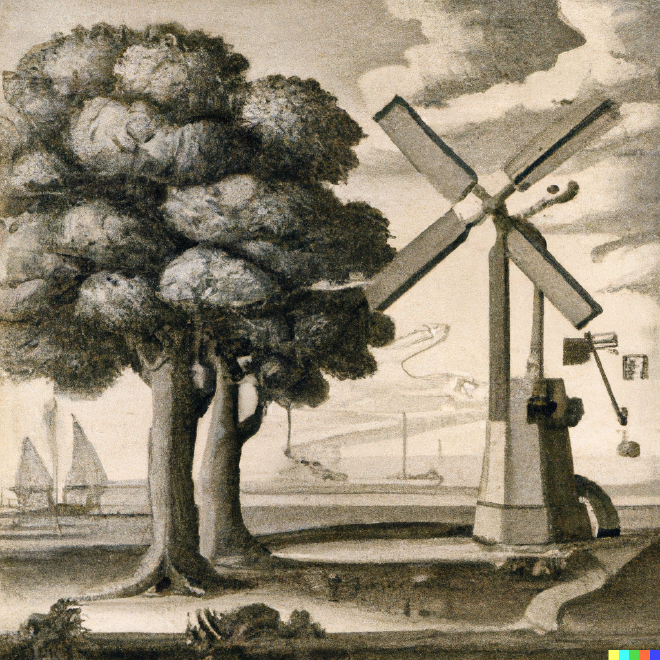A drawing of a retro computer surrounded by trees and a wind
farm