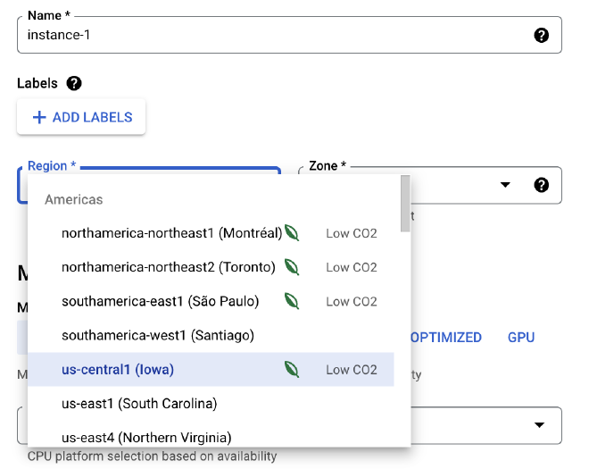 Google Cloud console region picker