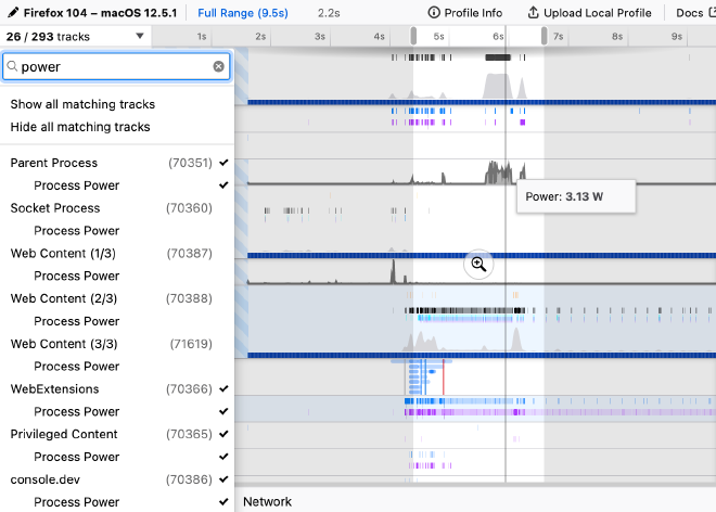 Screenshot of the Firefox browser energy profiler
