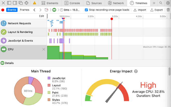 Screenshot of the Safari browser energy profiler