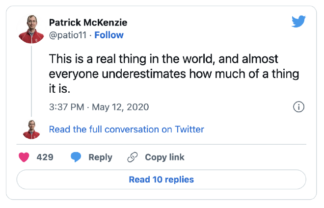 Screenshot of a tweet from @patio11