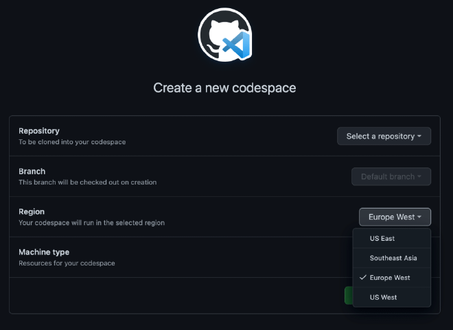 Screenshot of creating a new GitHub Codespace