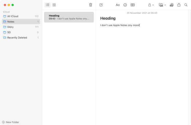Screenshot of Apple Notes