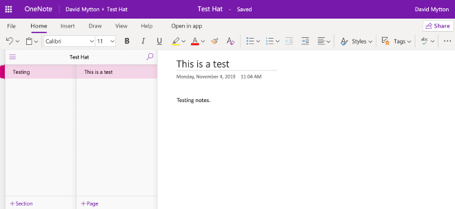 Screenshot of OneNote web