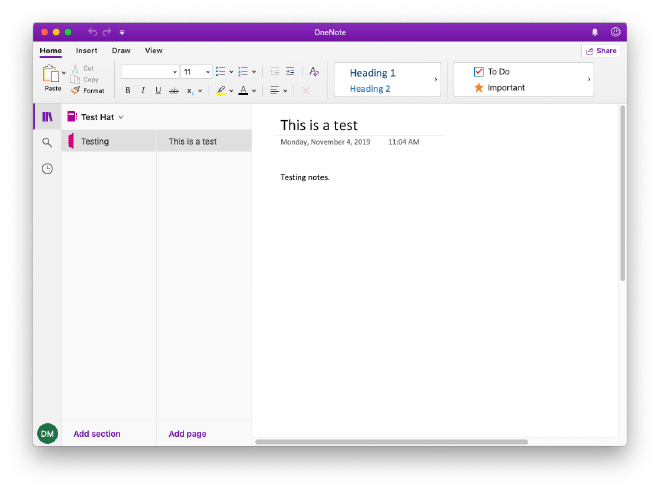 Screenshot of OneNote on macOS