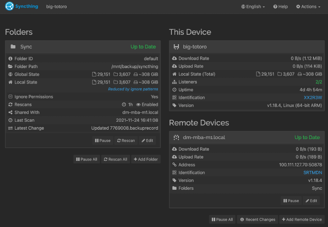 Screenshot of the Syncthing admin panel