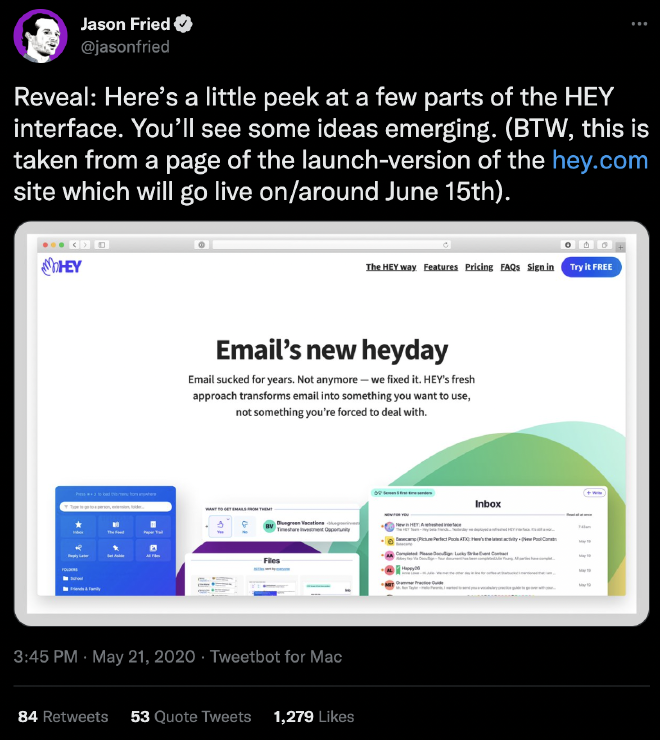Screenshot of a tweet by @jasonfried