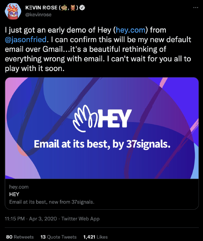 Screenshot of a tweet by @kevinrose