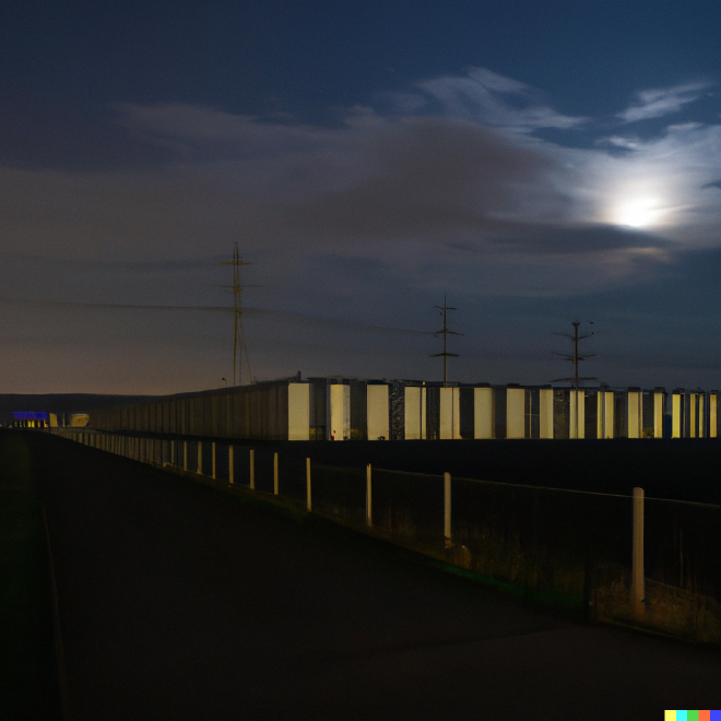 A photo of a data center at night in the dark